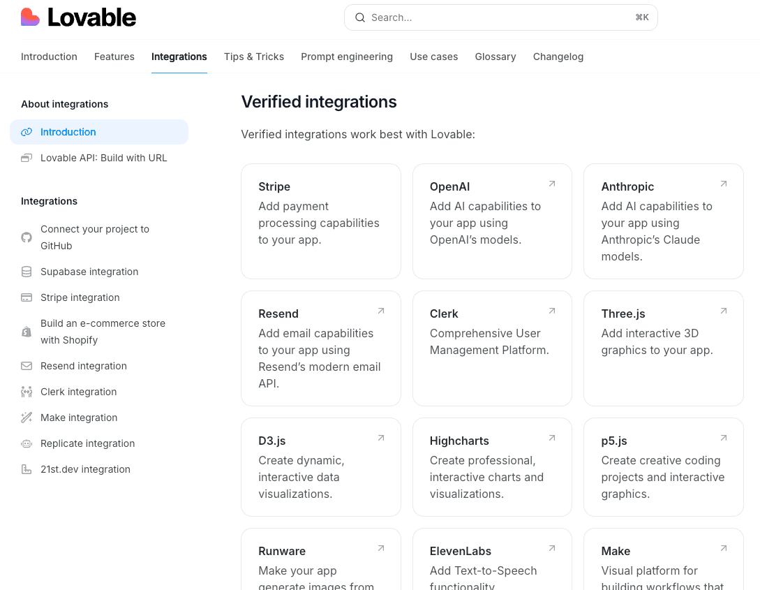 Intégrations Lovable - Connecteurs et compatibilités avec autres outils