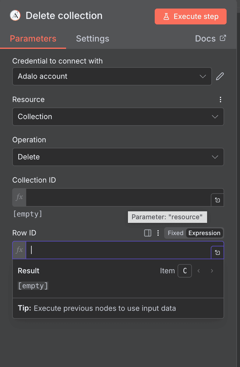 Configuración de la acción Delete collection Adalo en n8n
