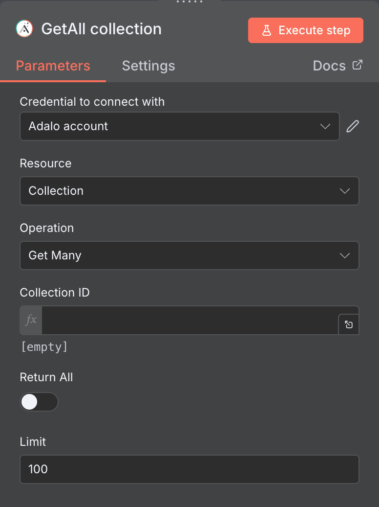 Configuración de la acción GetAll collection Adalo en n8n