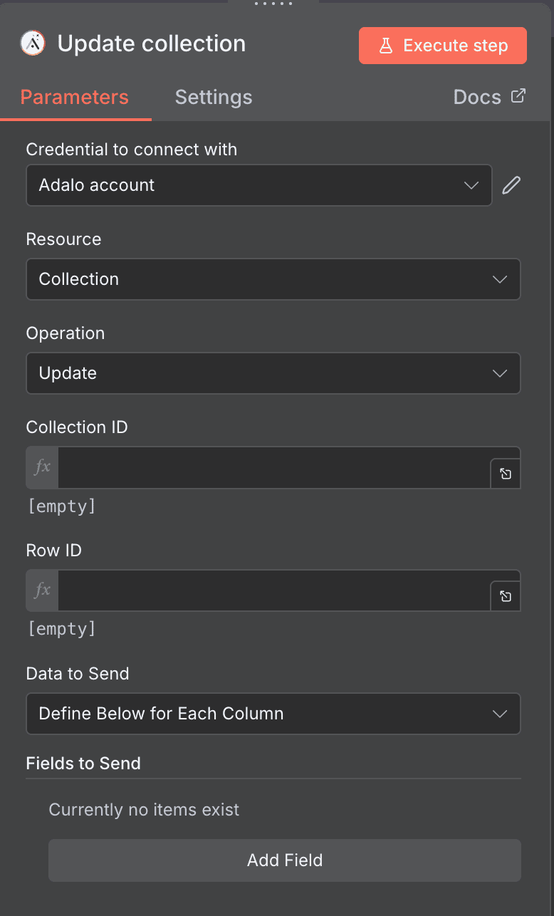 Configuration action Update collection Adalo n8n