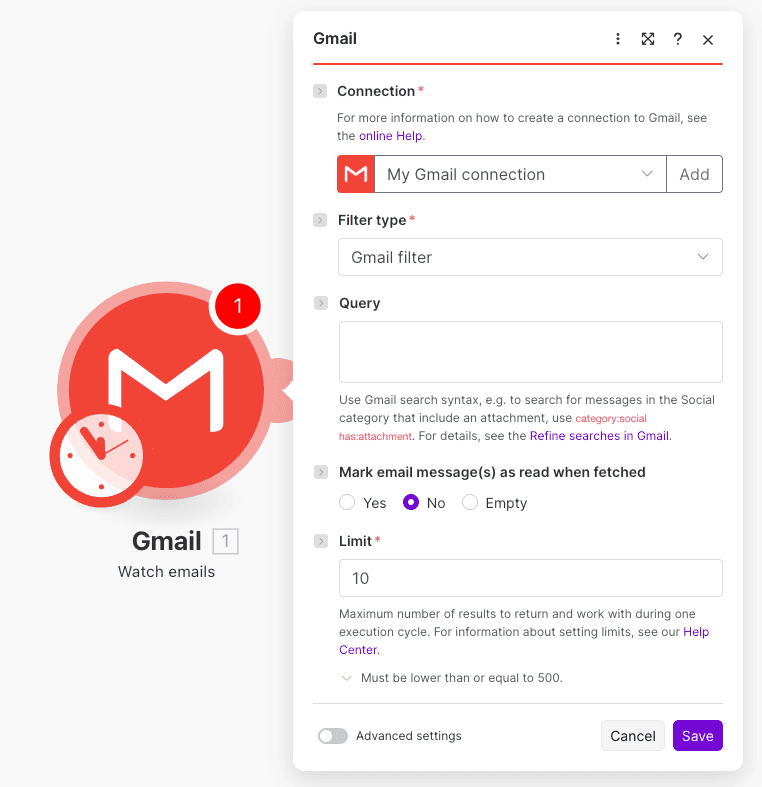 Watch emails trigger configuration for Gmail in Make