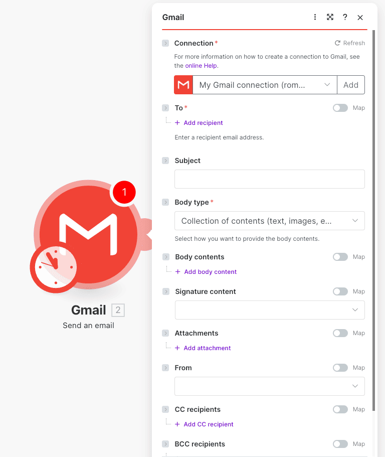 Configuración de la acción Send an email de Gmail en Make