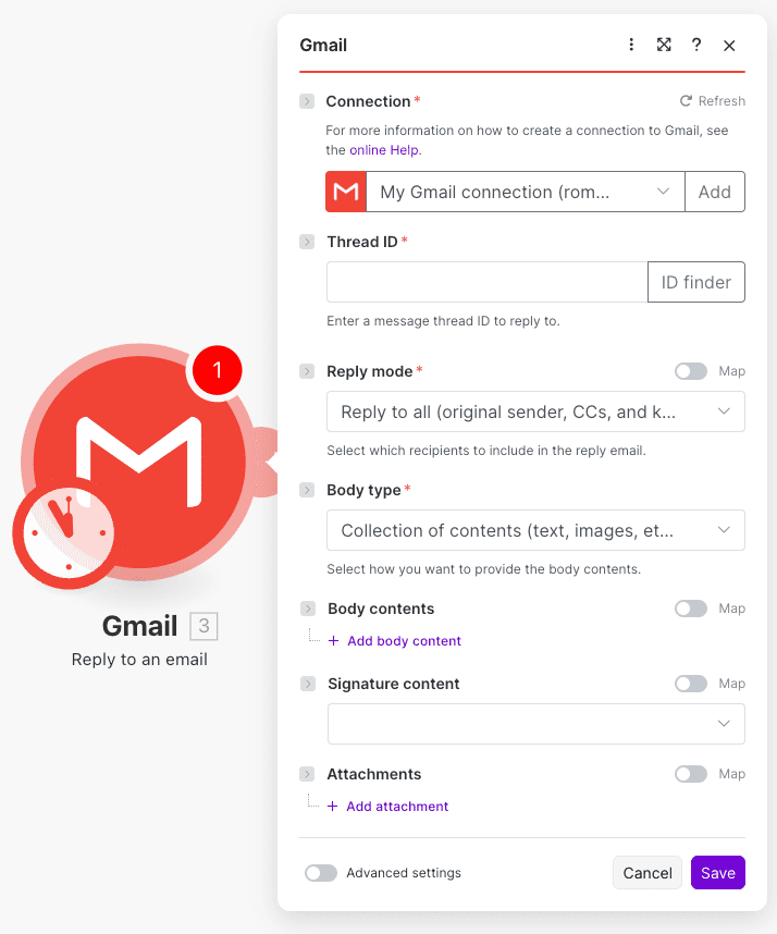 Configuration de l'action Reply to an email Gmail dans Make