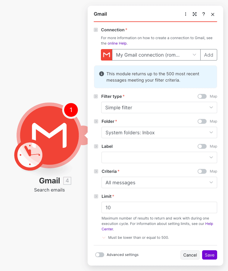 Search emails action configuration for Gmail in Make