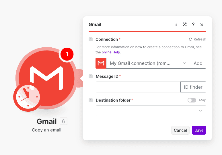 Configuración de la acción Copy an email de Gmail en Make