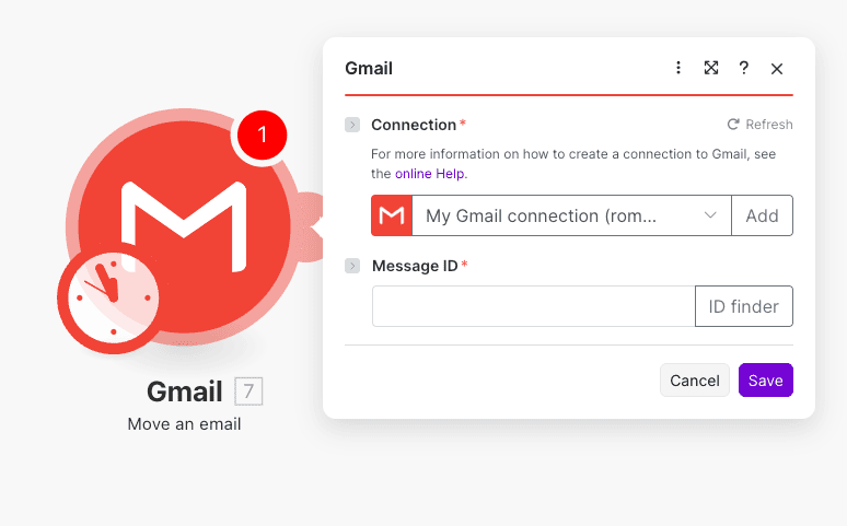 Configuration de l'action Move an email Gmail dans Make