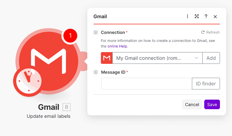Configuración de la acción Update email labels de Gmail en Make