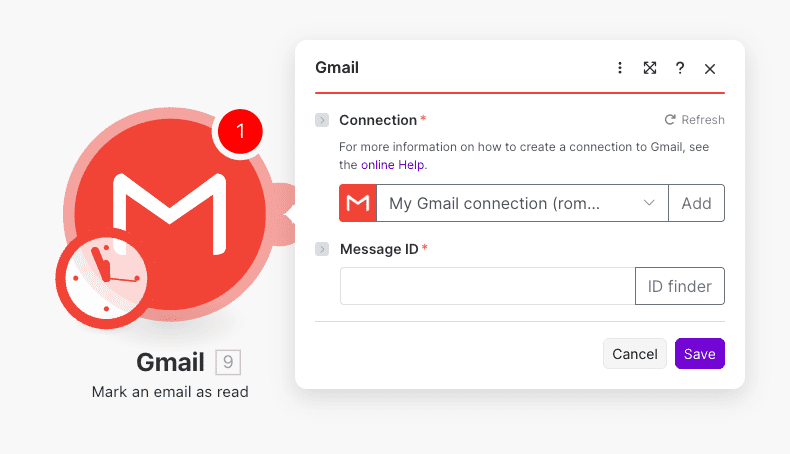 Configuración de la acción Mark an email as read de Gmail en Make
