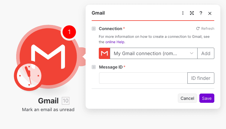 Mark an email as unread action configuration for Gmail in Make