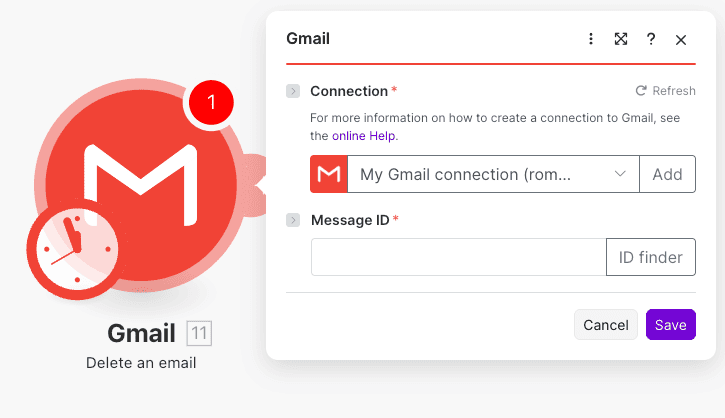 Configuración de la acción Delete an email de Gmail en Make