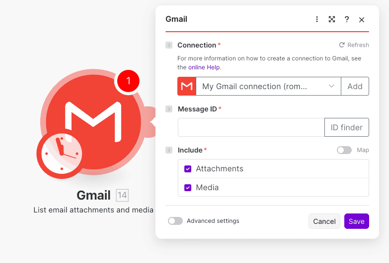List email attachments and media action configuration for Gmail in Make