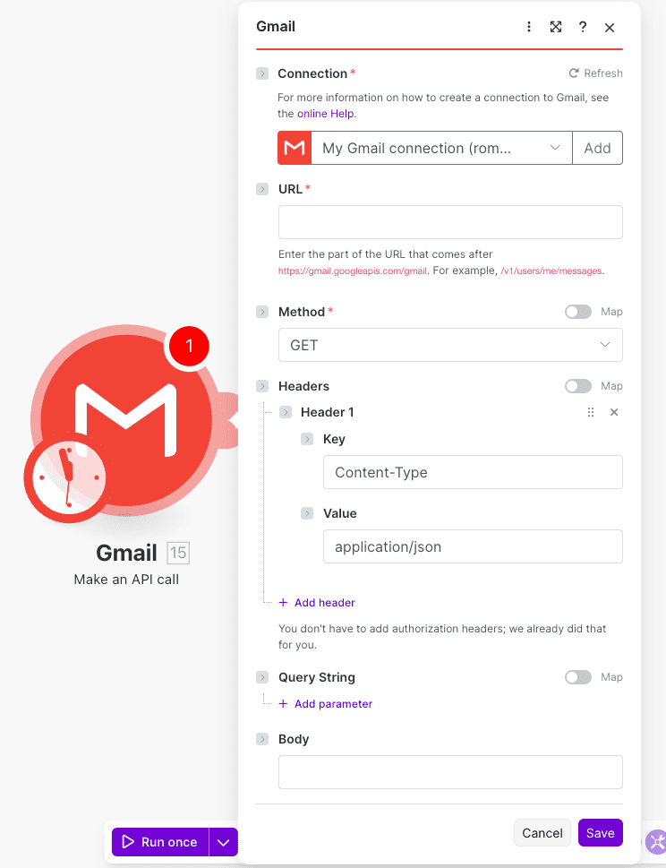 Configuración de la acción Make an API call de Gmail en Make