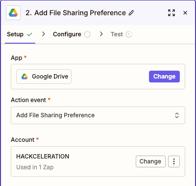 Configuración de la acción Add File Sharing Preference de Google Drive en Zapier