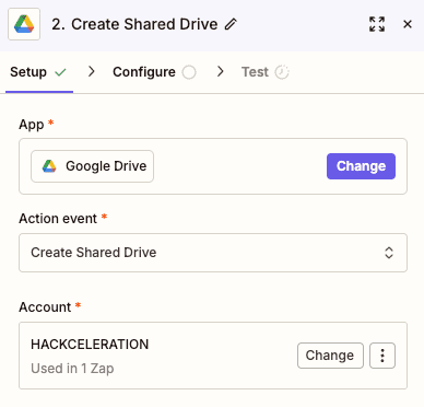 Configuración de la acción Create Shared Drive de Google Drive en Zapier