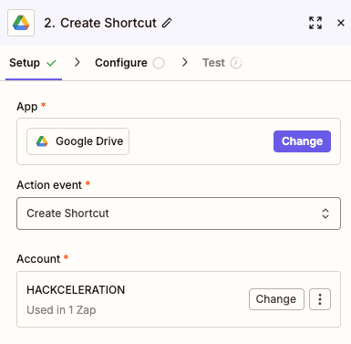 Create Shortcut action configuration for Google Drive in Zapier