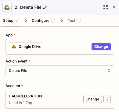 Configuración de la acción Delete File de Google Drive en Zapier