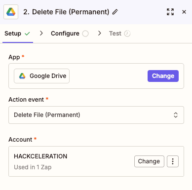 Configuration de l'action Delete File (Permanent) Google Drive dans Zapier