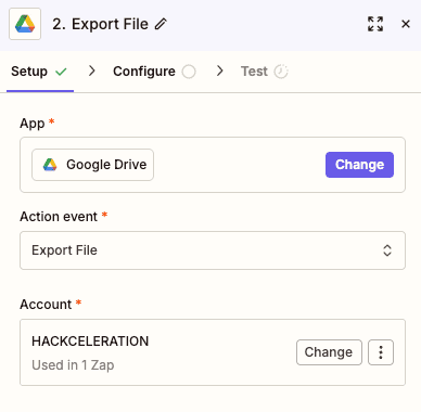 Configuration de l'action Export File Google Drive dans Zapier