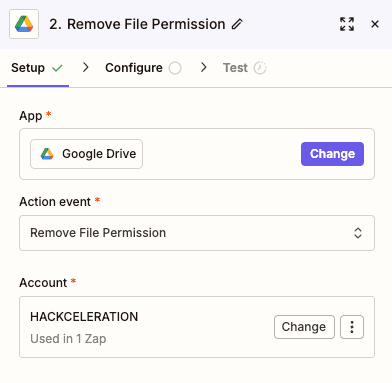 Configuración de la acción Remove File Permission de Google Drive en Zapier