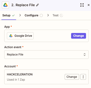 Replace File action configuration for Google Drive in Zapier