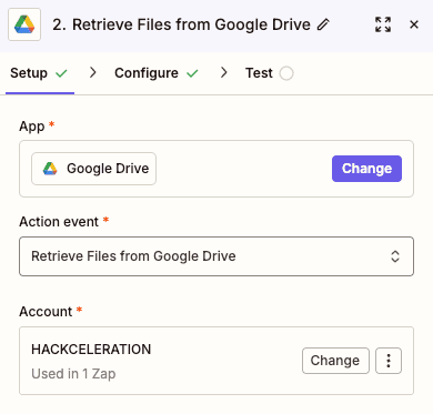 Configuration de l'action Retrieve Files from Google Drive dans Zapier