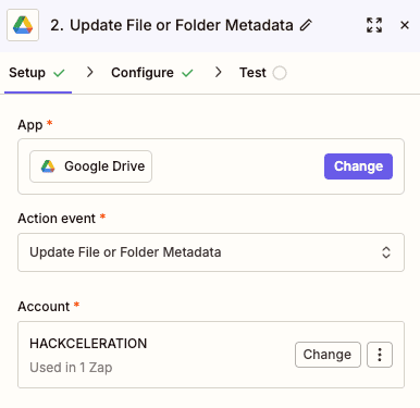 Configuration de l'action Update File or Folder Metadata Google Drive dans Zapier