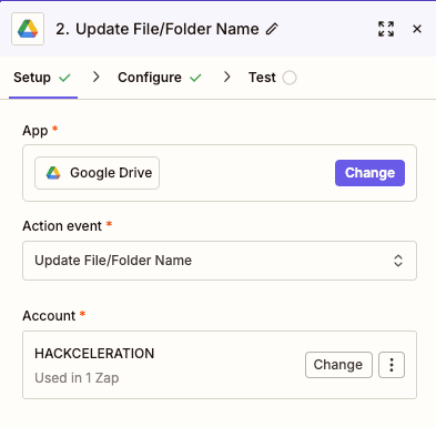 Update File/Folder Name action configuration for Google Drive in Zapier