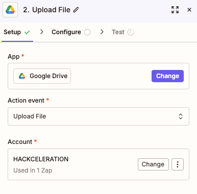 Upload File action configuration for Google Drive in Zapier