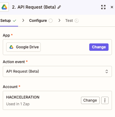Configuración de la acción API Request (Beta) de Google Drive en Zapier