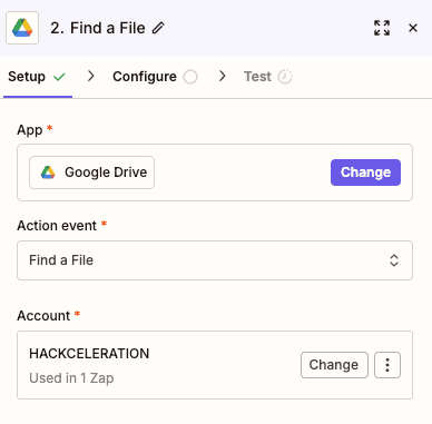 Find a File action configuration for Google Drive in Zapier