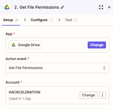 Configuration de l'action Get File Permissions Google Drive dans Zapier