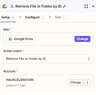 Retrieve File or Folder by ID action configuration for Google Drive in Zapier