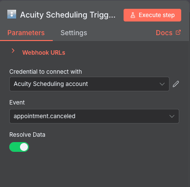 Appointment Canceled trigger configuration for Acuity Scheduling in n8n