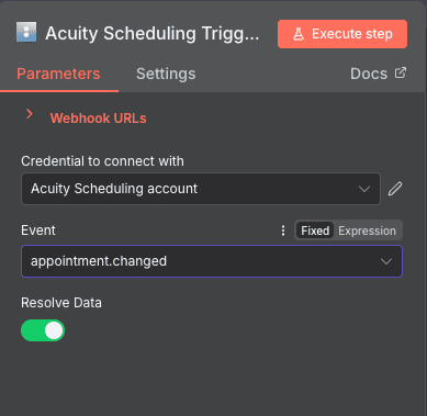 Appointment Changed trigger configuration for Acuity Scheduling in n8n