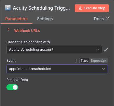 Configuración del trigger Appointment Rescheduled de Acuity Scheduling en n8n