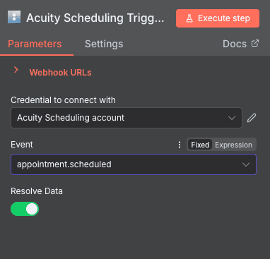 Configuración del trigger Appointment Scheduled de Acuity Scheduling en n8n