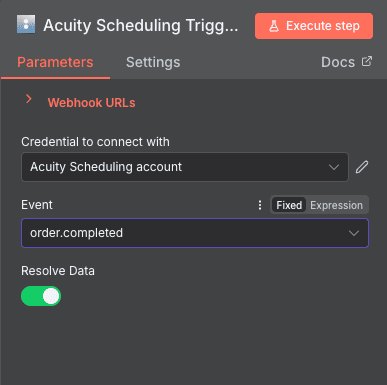 Order Completed trigger configuration for Acuity Scheduling in n8n