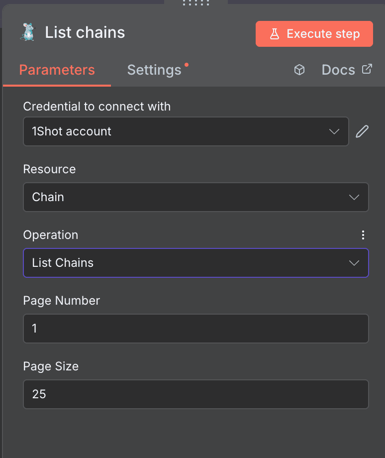Configuration de l'action List chains 1Shot API dans n8n