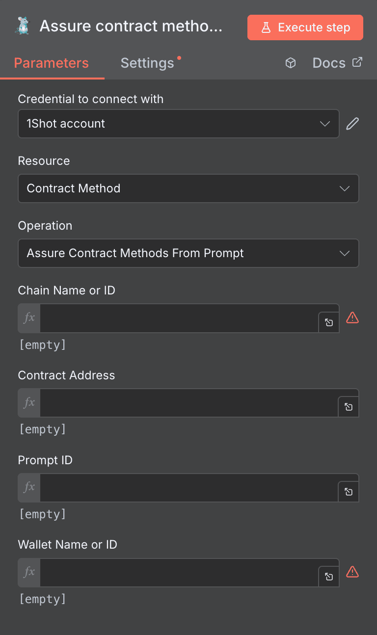 Configuration de l'action Assure Contract Methods From Prompt 1Shot API dans n8n