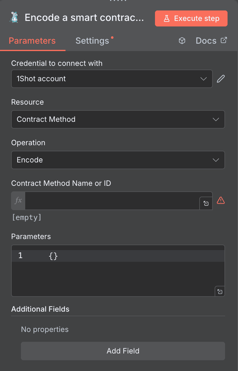 Configuration de l'action Encode a smart contract 1Shot API dans n8n