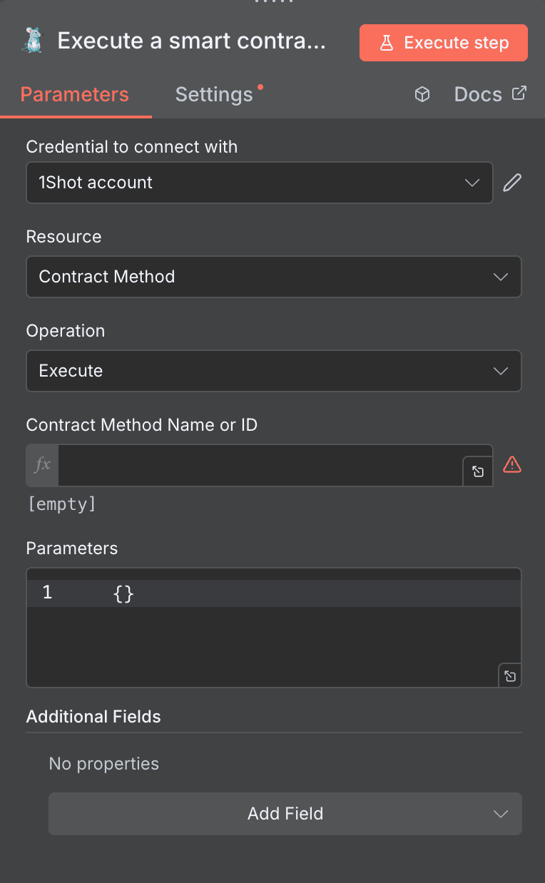 Configuration de l'action Execute a smart contract 1Shot API dans n8n