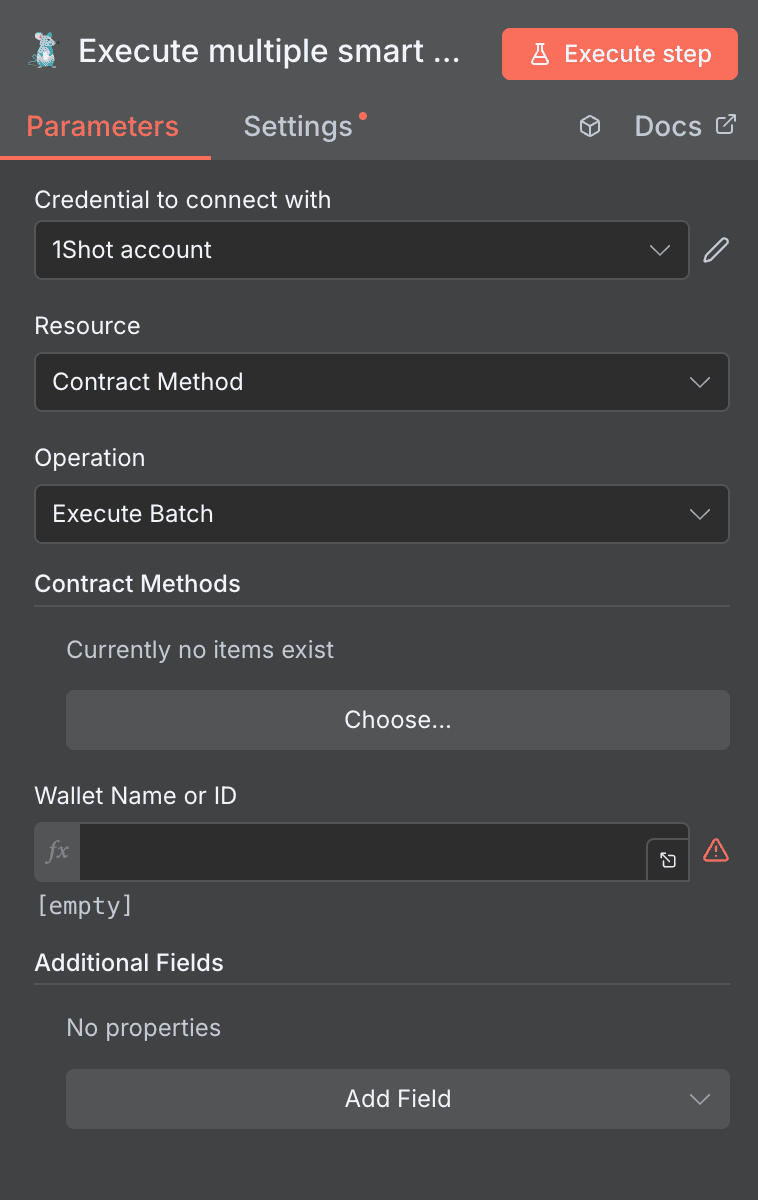 Configuration de l'action Execute multiple smart contracts 1Shot API dans n8n