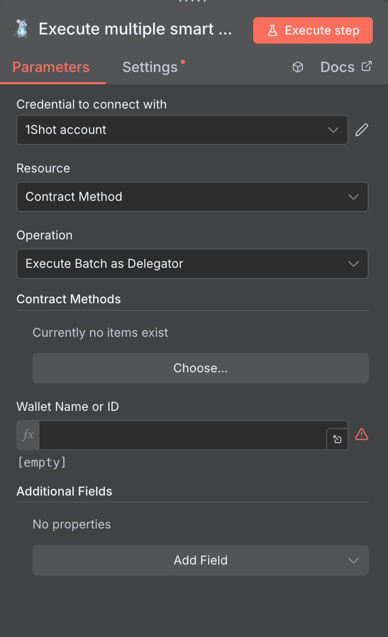 Configuration de l'action Execute Batch as Delegator 1Shot API dans n8n