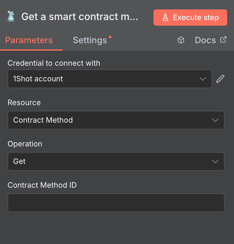 Configuration de l'action Get a smart contract method 1Shot API dans n8n
