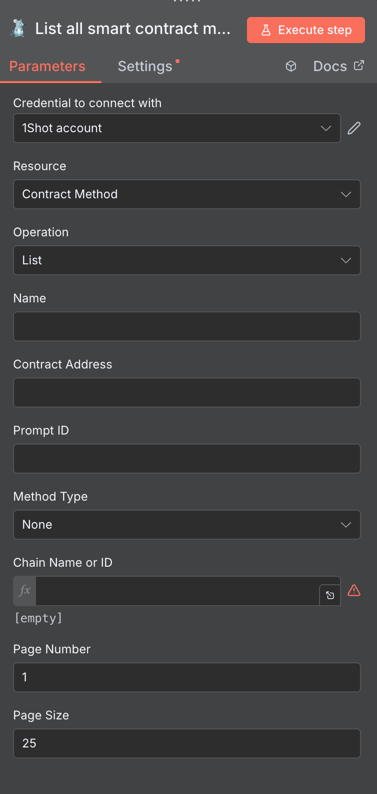 Configuration de l'action List all smart contract methods 1Shot API dans n8n