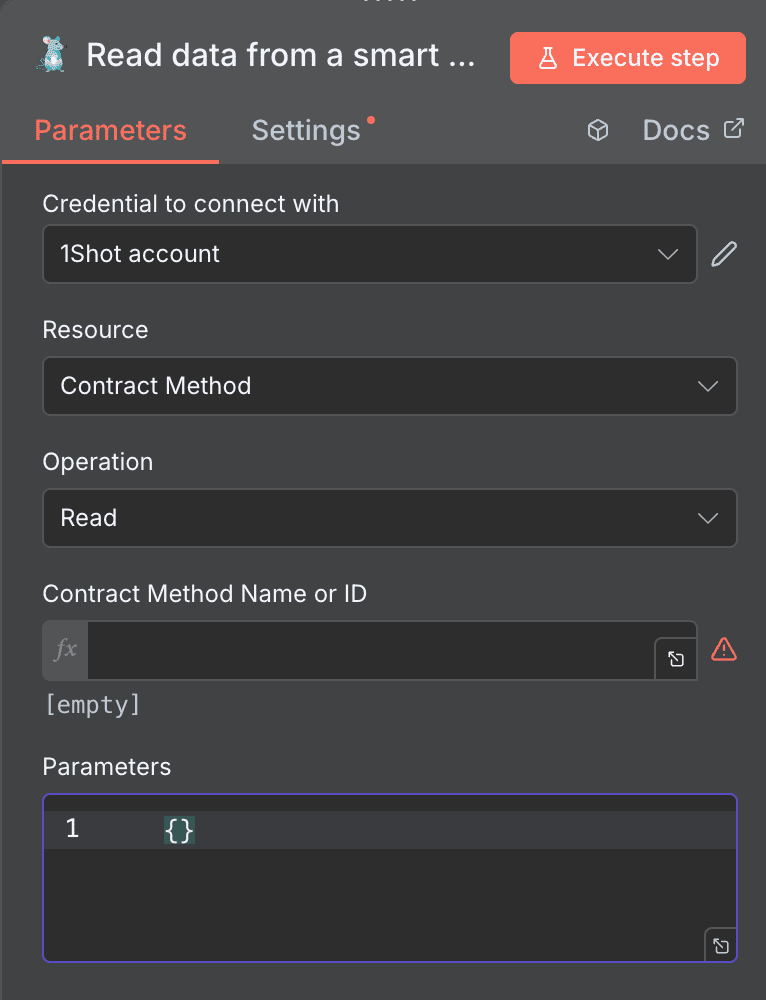 Read data from a smart contract action configuration for 1Shot API in n8n