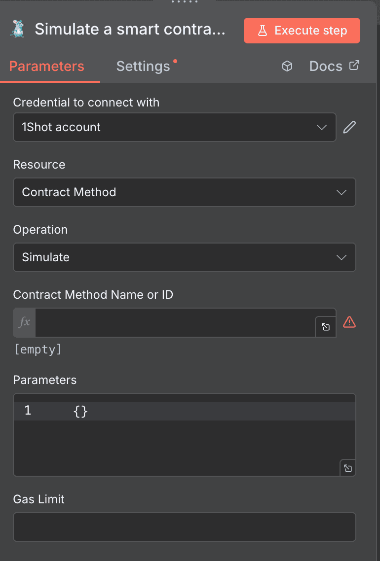 Configuración de la acción Simulate a smart contract de 1Shot API en n8n