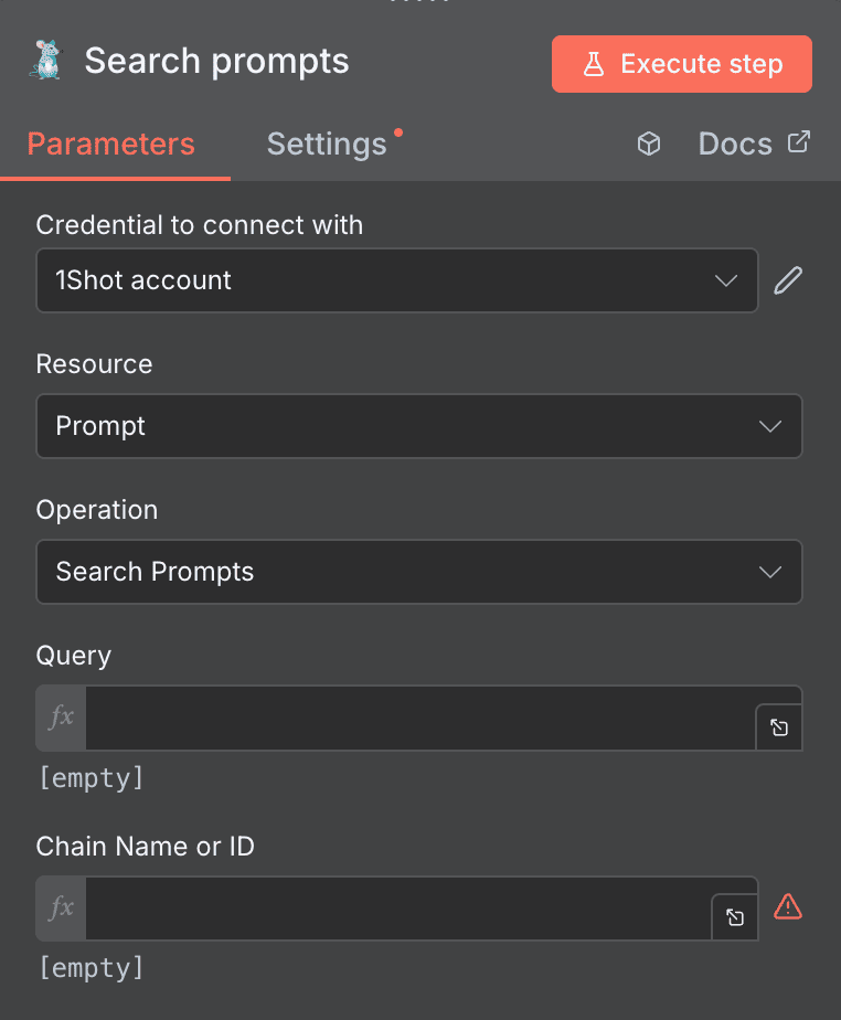 Configuration de l'action Search prompts 1Shot API dans n8n