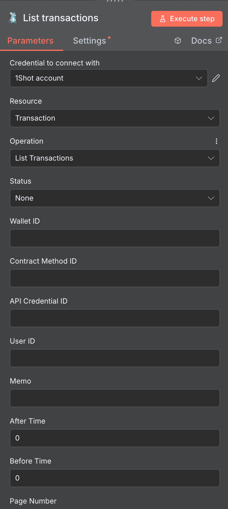 Configuration de l'action List transactions 1Shot API dans n8n