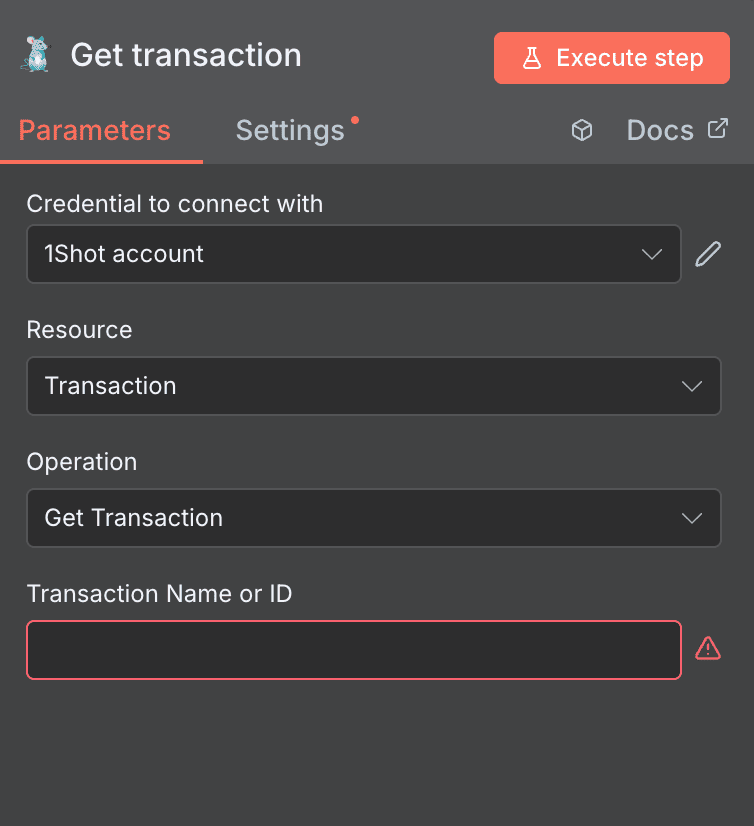 Configuración de la acción Get transaction de 1Shot API en n8n